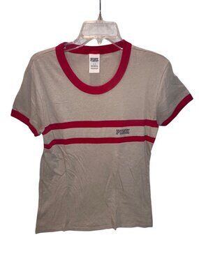 Pink Victorias Secret Ringer Tee Size Large Beige Red Striped Womens Cotton Blen